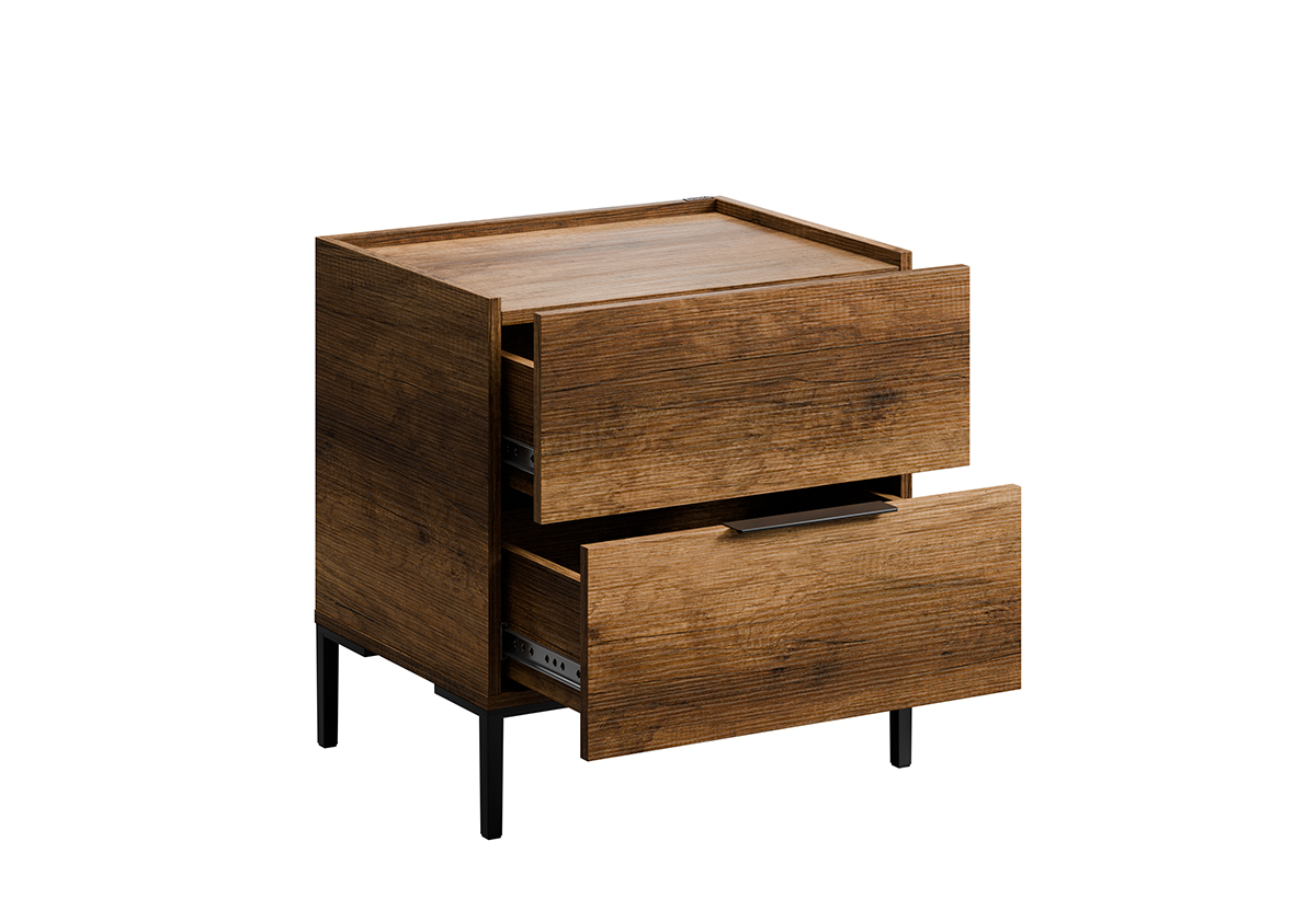 Απεικονίζεται το κομοδίνο με τα συρτάρια ανοιχτά.